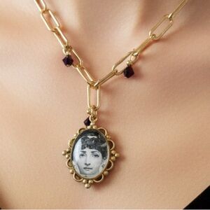 Fornasetti inspired Gold and Purple Pendant Necklace eye face 17 inch